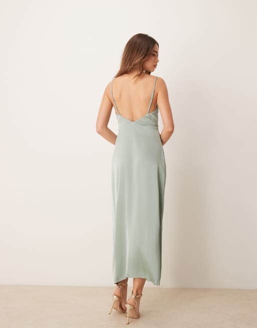 VILA – Grön maxiklänning med draperad ringning i satin, 3 av 4