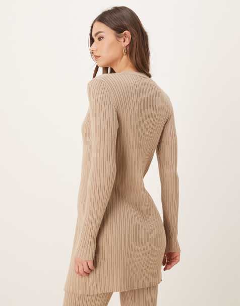 Vila - Gyldenbrunt ribstrikket sæt med top og bukser - view 1