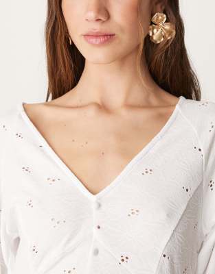 Vila Half Sleeve Button Front Eyelet Top