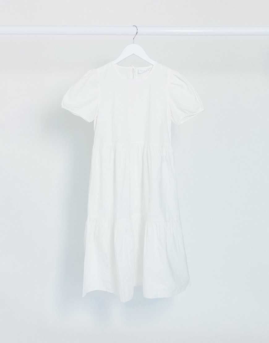 Vila - Halflange en aangerimpelde poplin jurk met gelaagde rok in wit-Crème