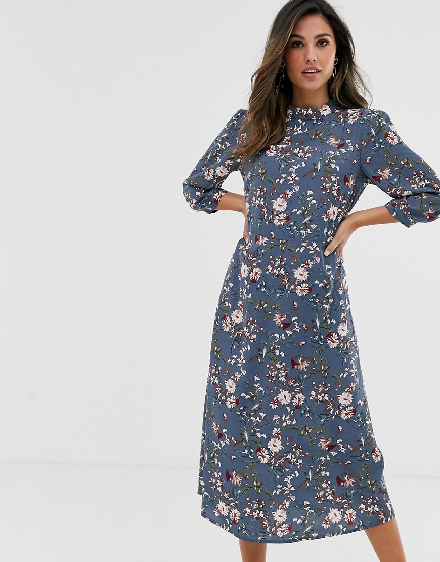 Vila - Halflange jurk met bloemenprint-Blauw