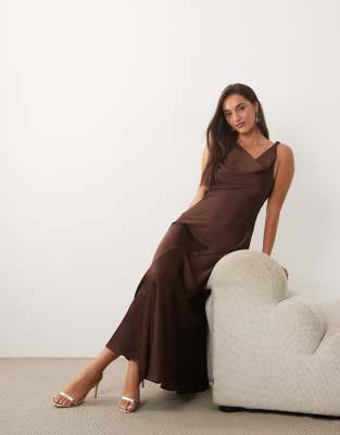 Vila Halter Cowl Neck Satin Maxi Dress In Brown