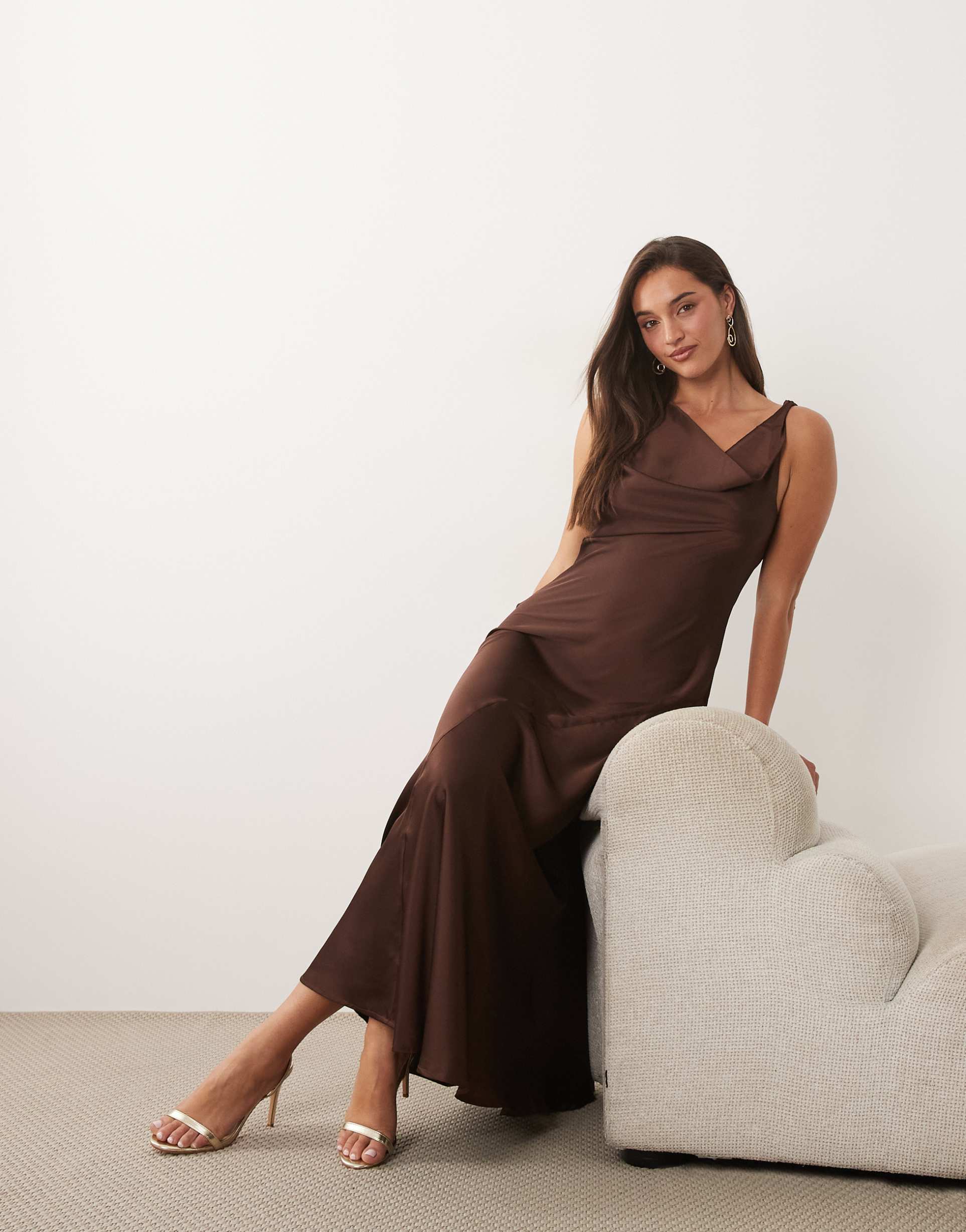 vila halter cowl neck satin maxi dress in chocolate brown