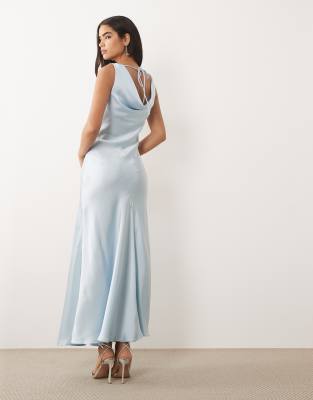 Vila Halter Cowl Neck Satin Maxi Dress In Blue