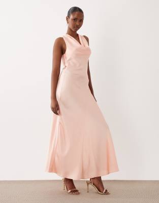Vila Halter Cowl Neck Satin Maxi Dress In Pink