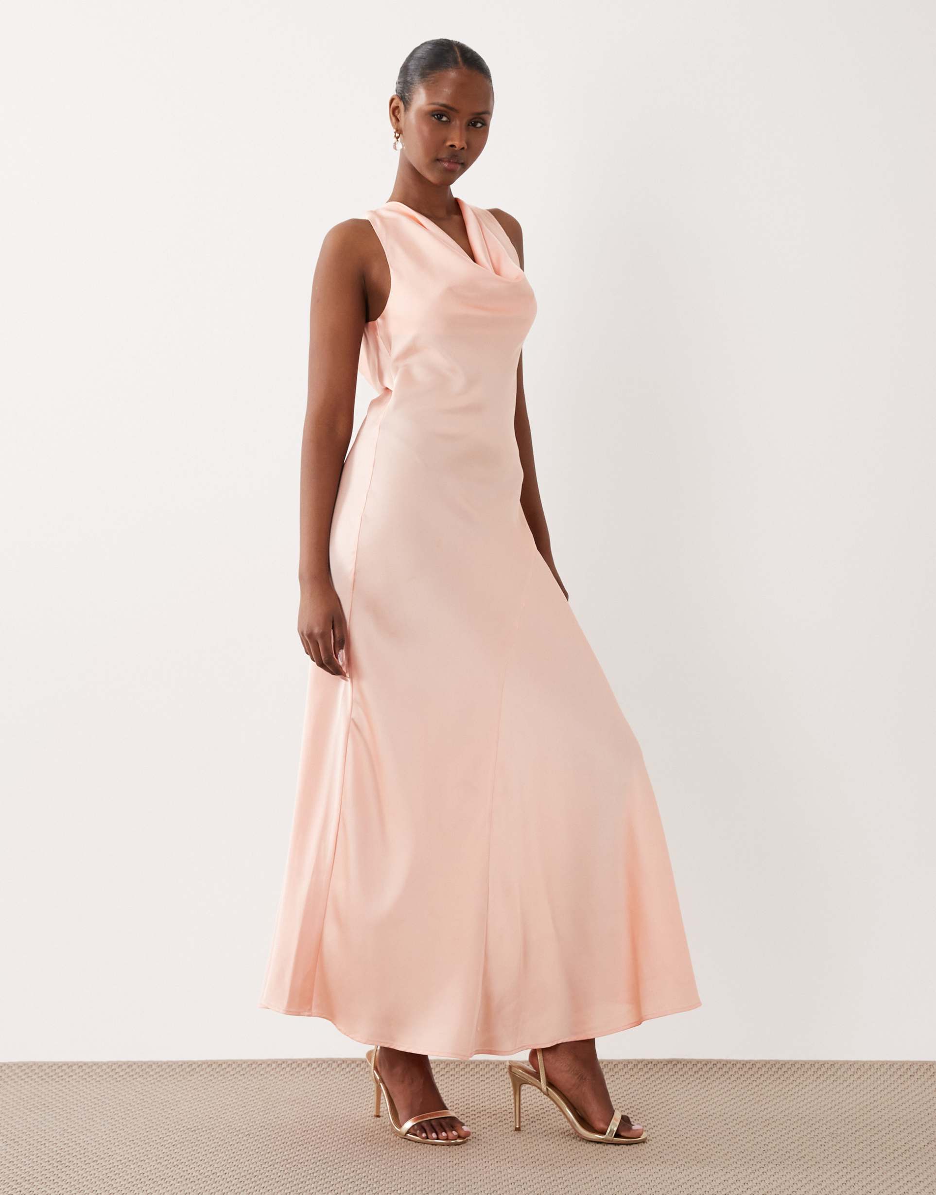vila halter cowl neck satin maxi dress in peach parfait