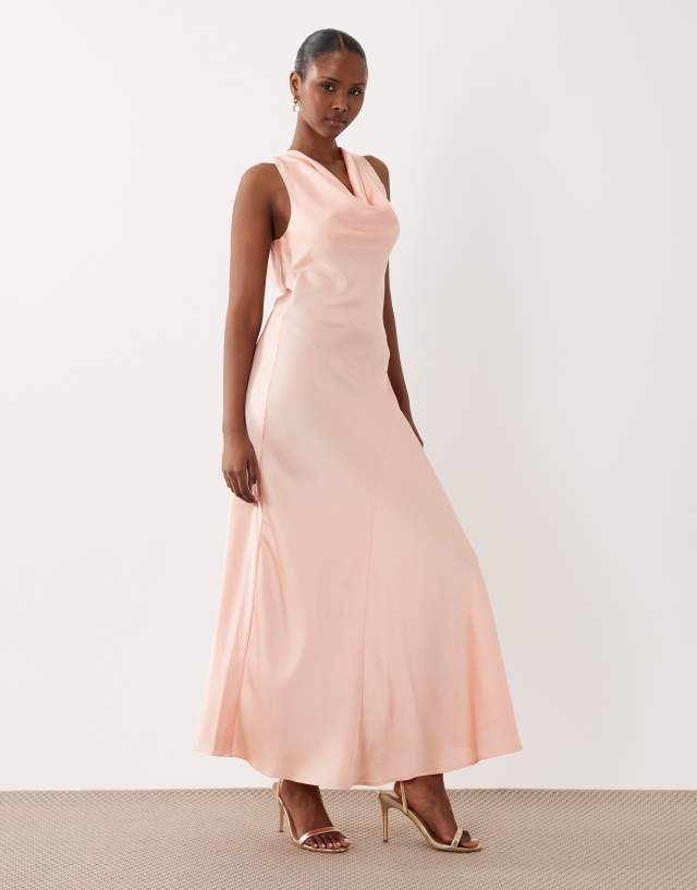 parfait color bridesmaid dresses VILA halter cowl neck satin maxi dress in peach Matte satin Color:Fawn best sellers Dusty Blue Sparkly Tulle wash only