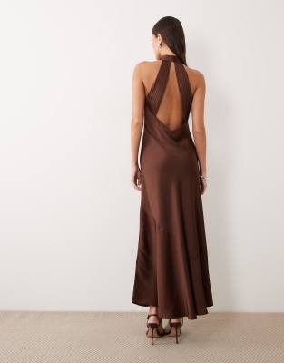 Vila Halter Neck Backless Satin Maxi Dress In Brown