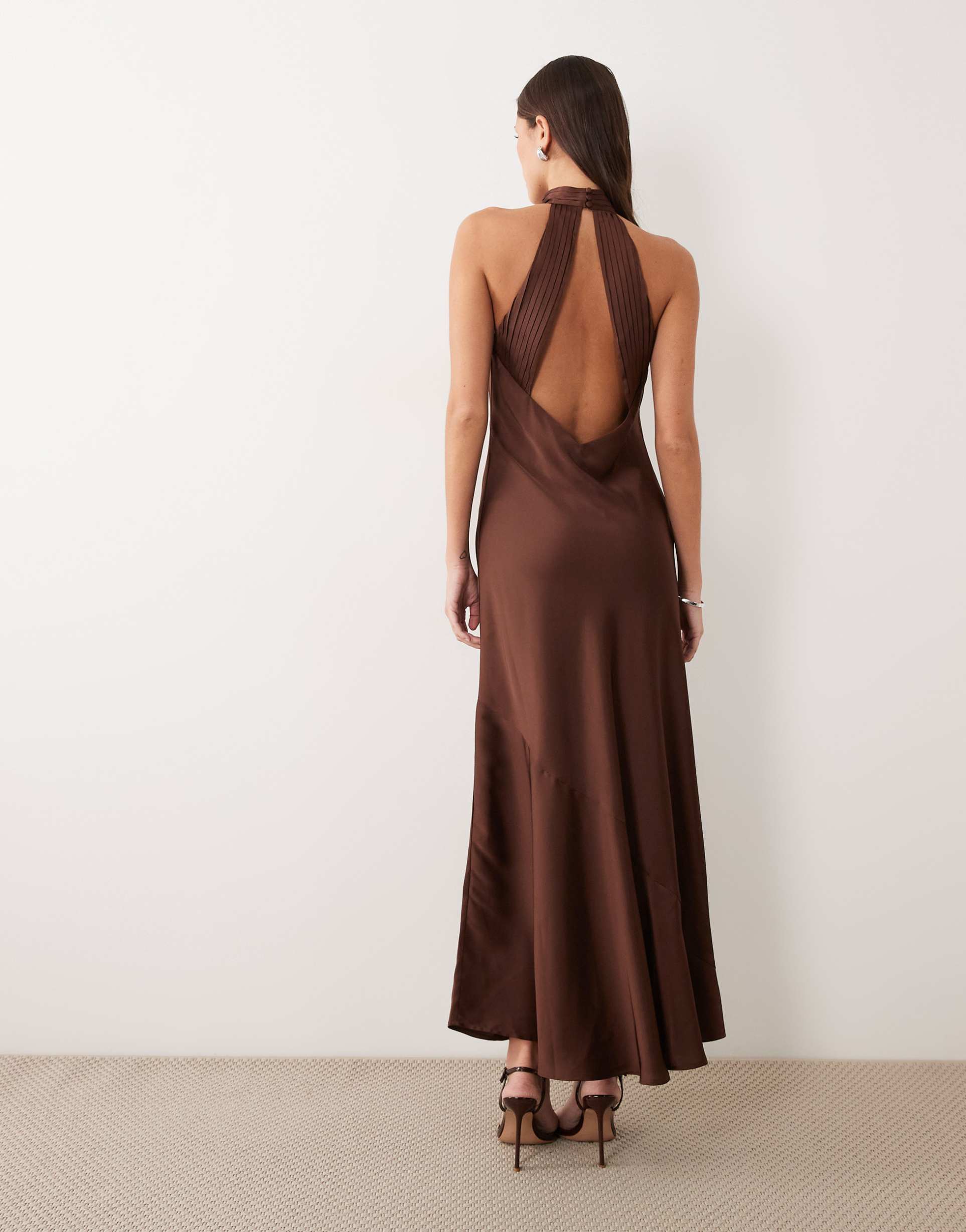 Vila halter neck backless satin maxi dress in chocolate brown
