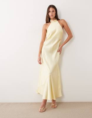 Vila Halter Neck Backless Satin Maxi Dress In Yellow