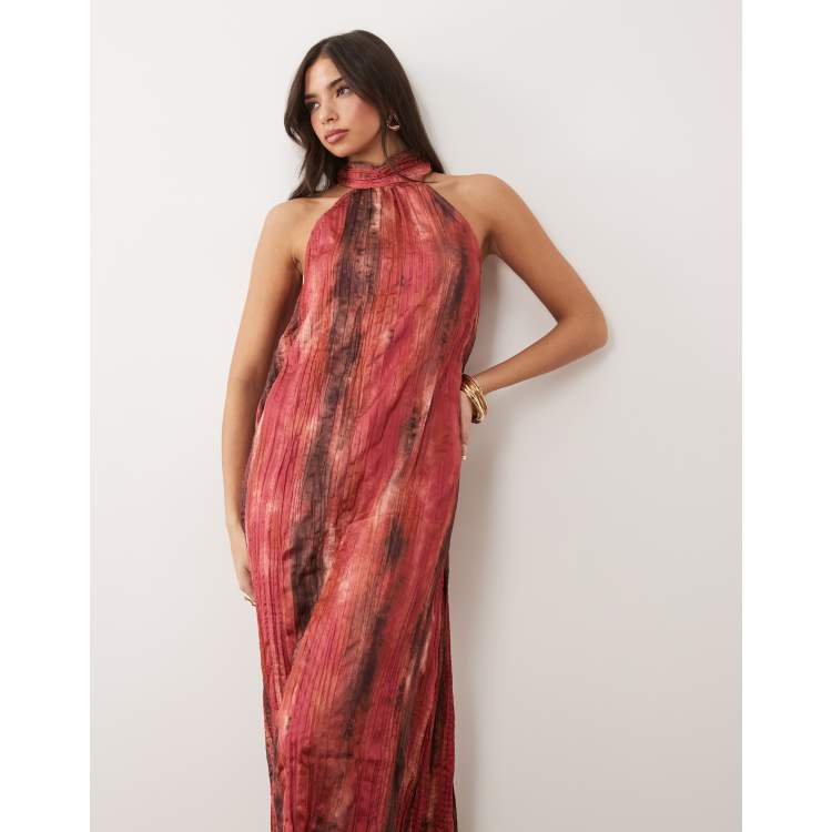 VILA halter neck crepe maxi dress in pink blur print | ASOS