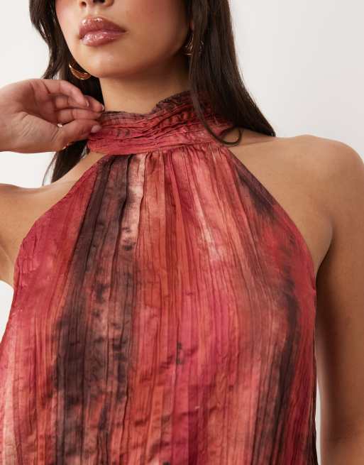 Vila halter neck crepe maxi dress in pink blur print, 4 of 4