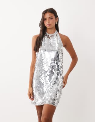Vila Halter Neck Disc Sequin Mini Dress In Silver