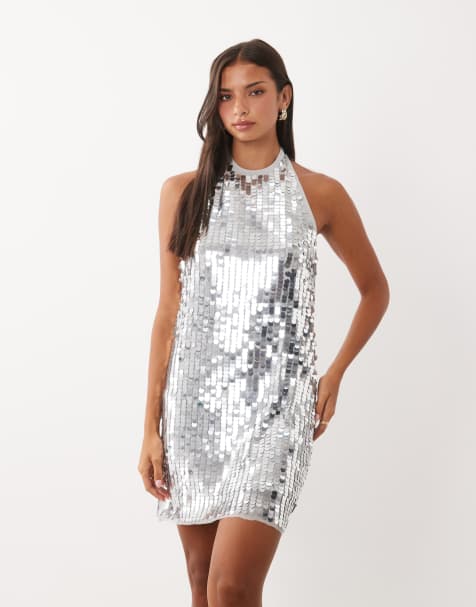 VILA halter neck disc sequin mini dress in silver - view 1