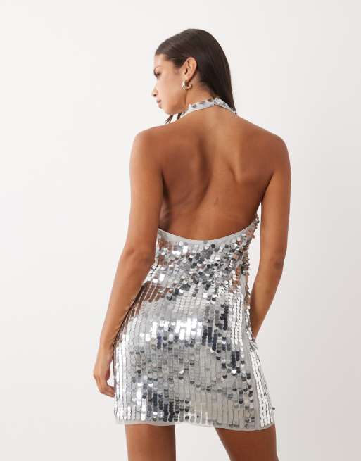 VILA halter neck disc sequin mini dress in silver, 2 of 4