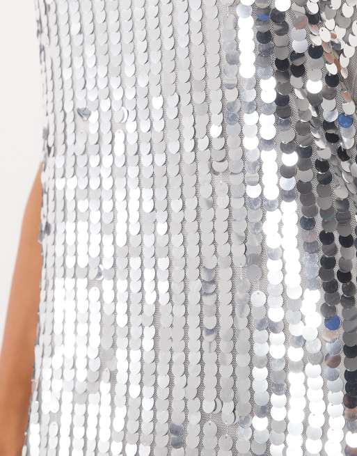 VILA halter neck disc sequin mini dress in silver, 3 of 4