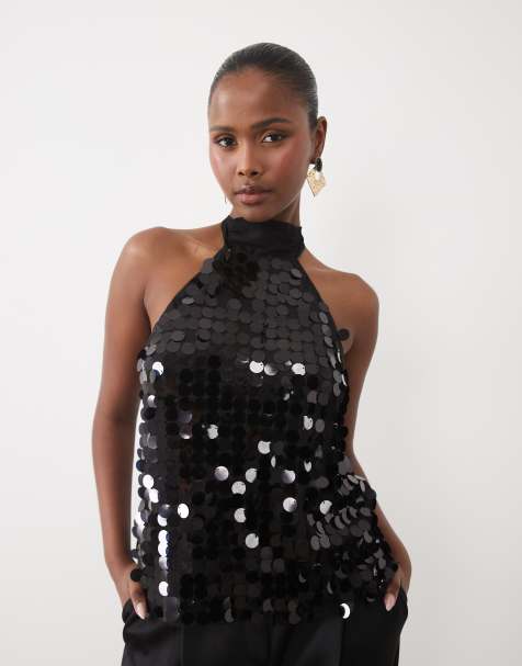 Vila halter neck disc sequin top in black - view 1