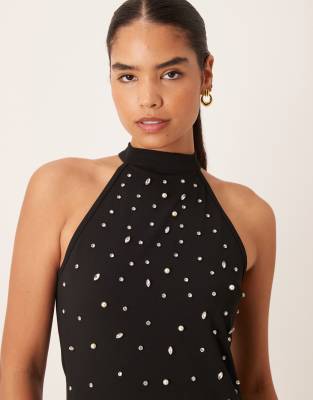 Vila Halter Neck Embellished Mini Dress In Black
