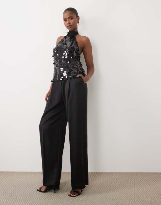 VILA halter neck paillette sequined top in black, 3 of 4