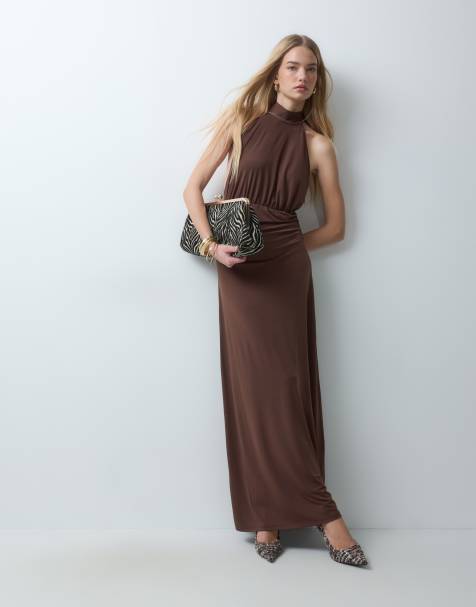 Vila halter neck ruched detail slinky maxi dress in chocolate brown
