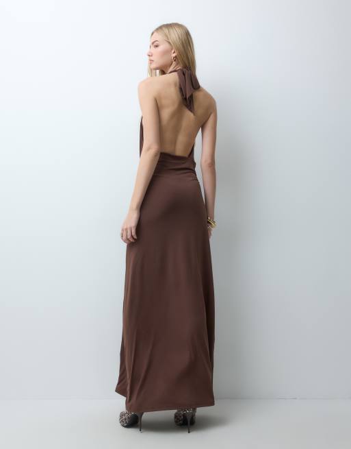 Vila halter neck ruched detail slinky maxi dress in chocolate brown, 5 of 5