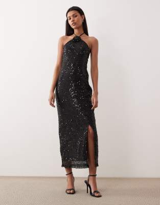 Vila Halter Neck Sequin Maxi Dress With Thigh Split In Black