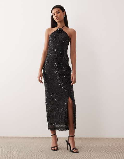 Vila halter neck sequin maxi dress with thigh split in black - view 1