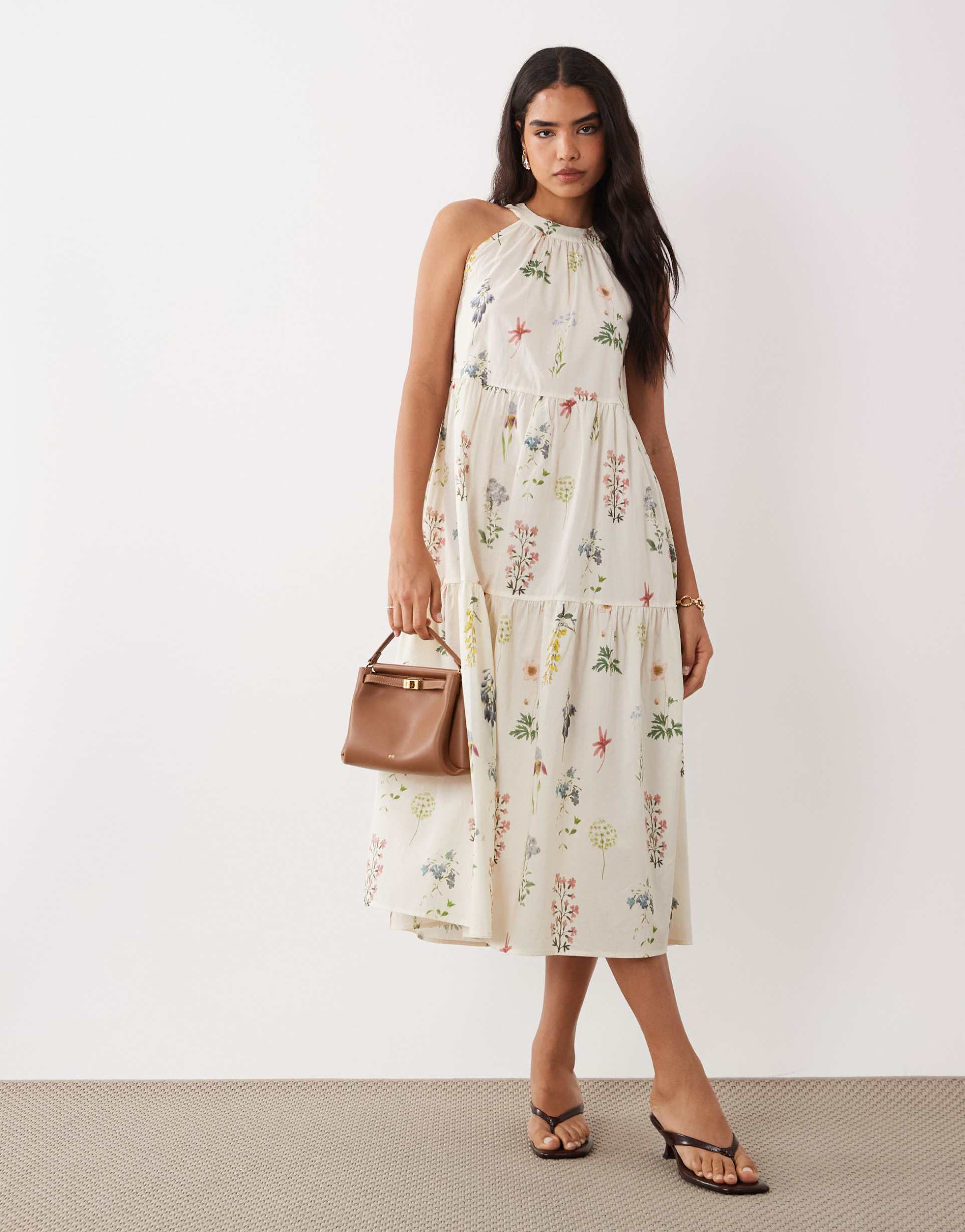 vila halter neck tiered maxi dress in cream floral print