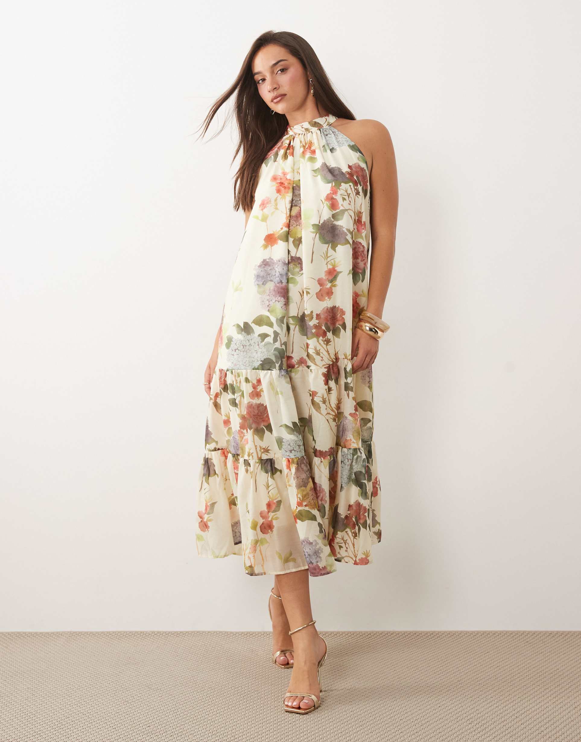 vila halter neck tiered midi dress in garden floral print