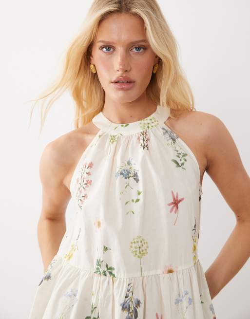 Vila halter neck tiered mini dress in cream floral print, 2 of 4