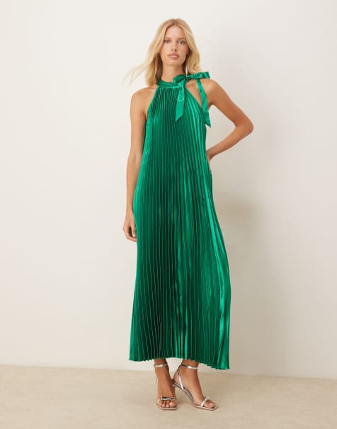 Vila halter neck vertical pleat midi dress in emerald green - view 1