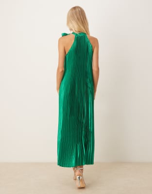 Vila Halter Neck Vertical Pleats Midaxi Dress In Green