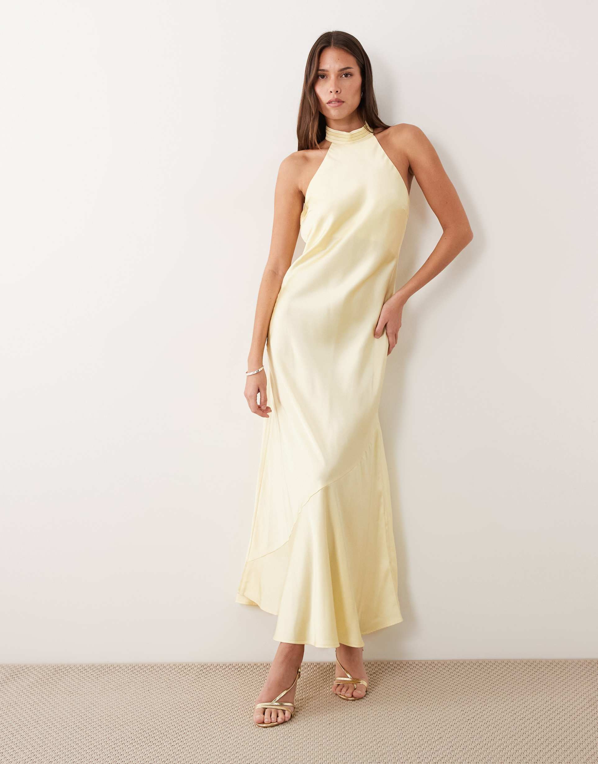 vila halterneck backless satin maxi dress in pastel yellow
