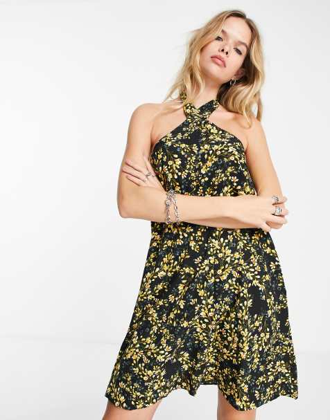 Vila halterneck crossed neck smock mini dress in dark floral print - view 1