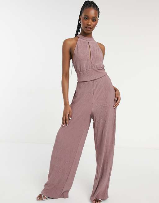 Vila halterneck jumpsuit with wide leg in pink