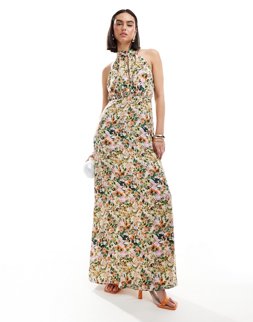 Vila halterneck maxi dress in nautral floral print-Multi