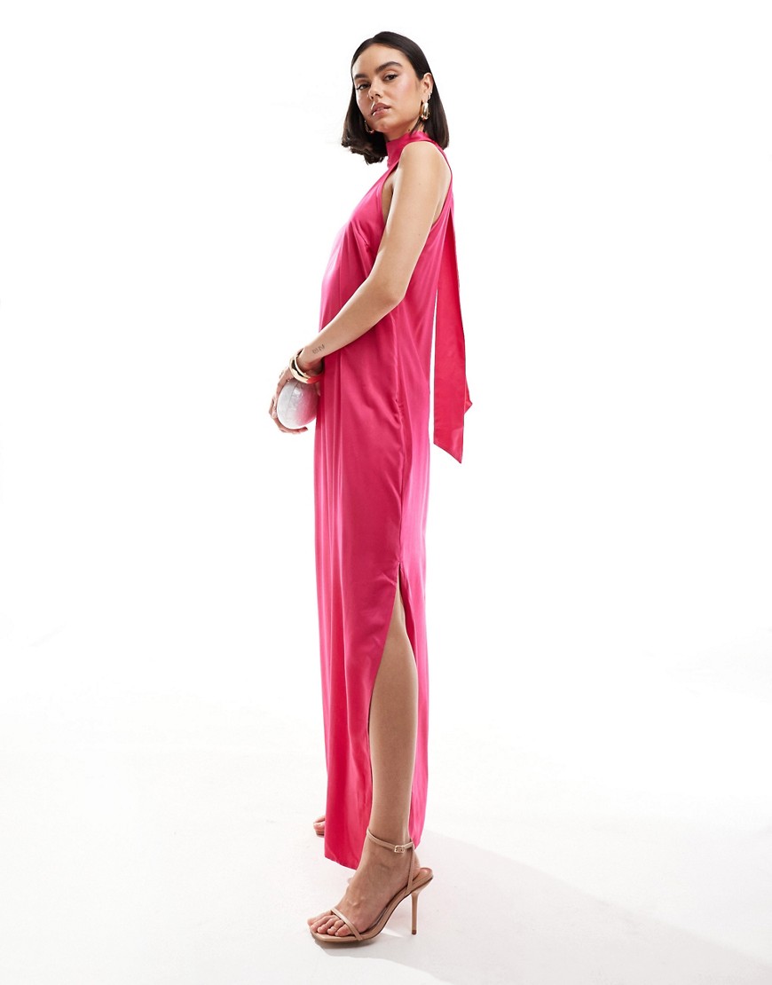 Vila halterneck maxi dress with tie neck in bright pink