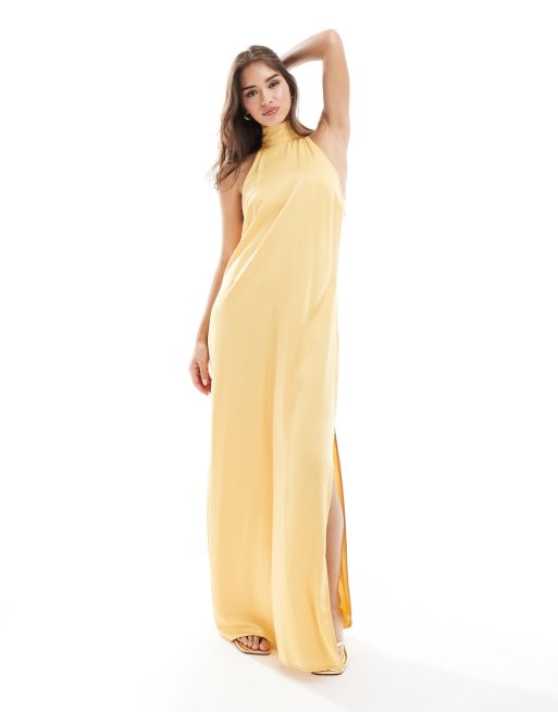Vila halterneck maxi dress with tie neck in cornsilk yellow