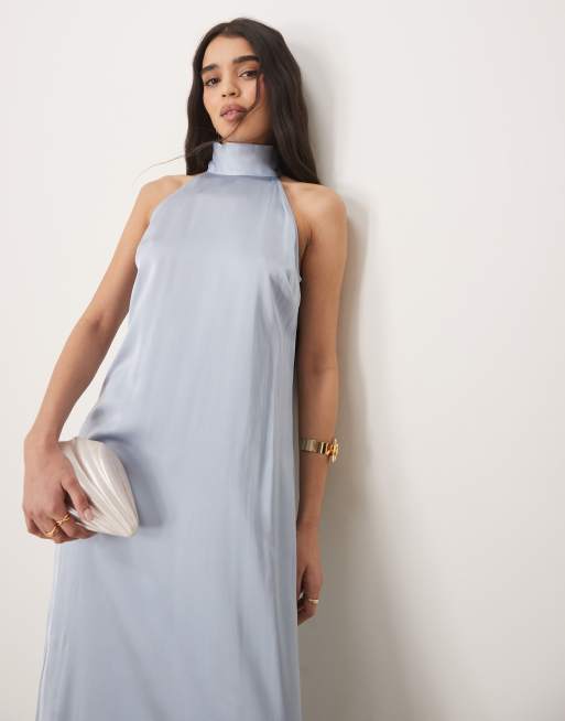 VILA halterneck maxi dress with tie neck in pastel blue