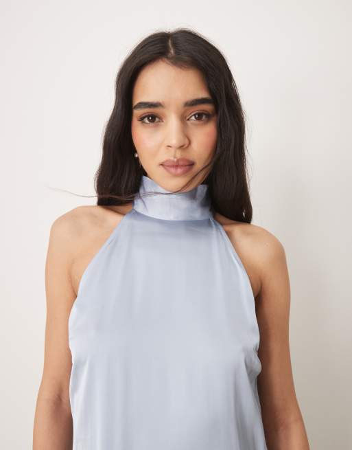 VILA halterneck maxi dress with tie neck in pastel blue