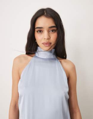 VILA halterneck maxi dress with tie neck in pastel blue