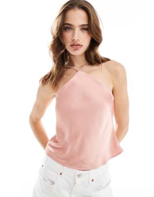 Vila Halterneck Satin Cami Top In Rose-pink