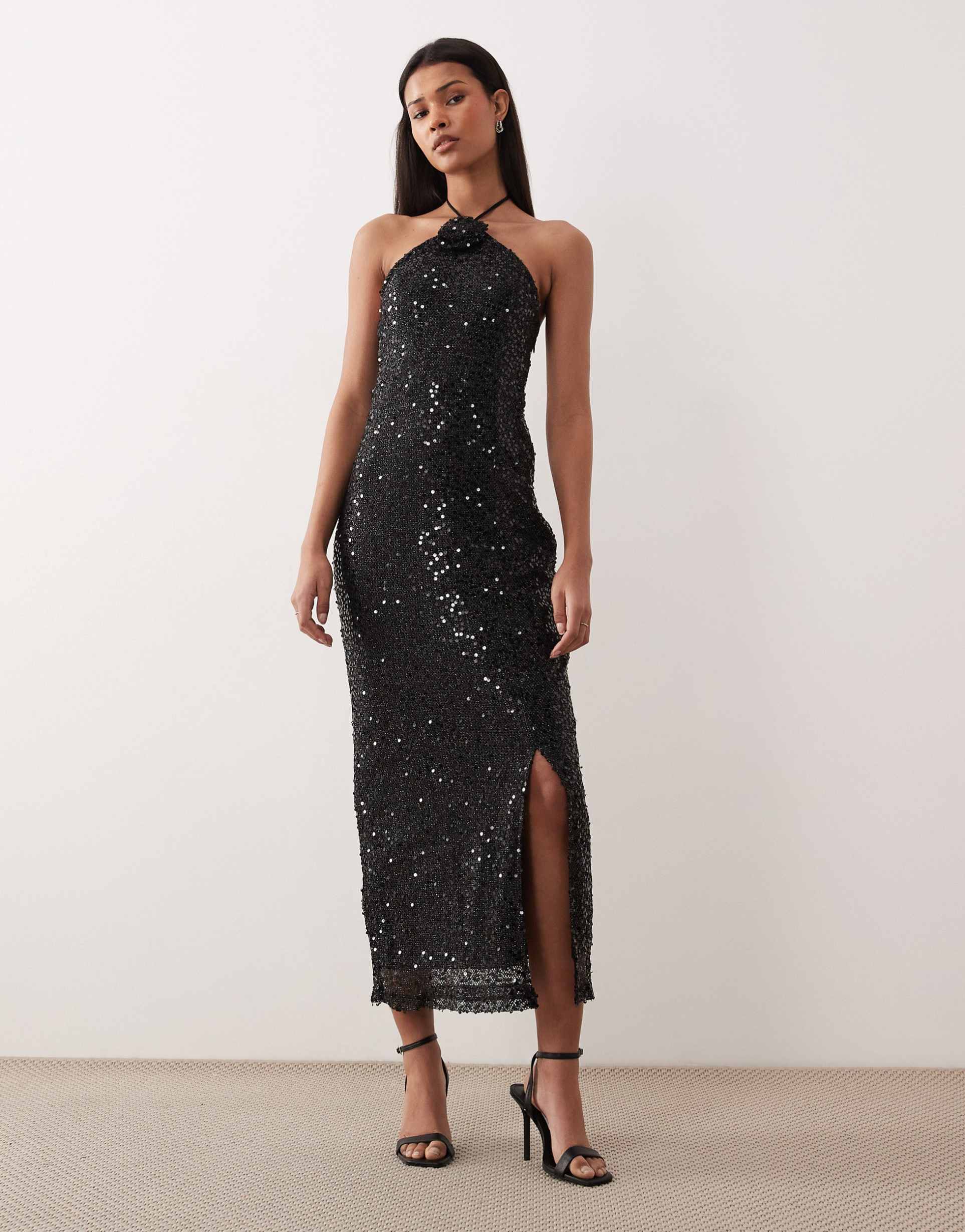 vila halterneck sequin maxi dress with thigh slit in black