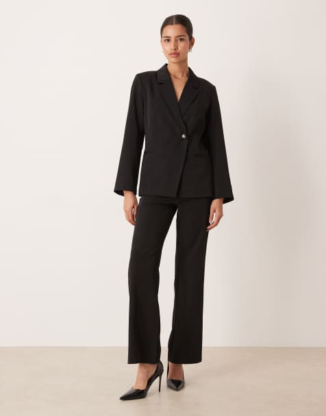 VILA hammered button tailored blazer and wide leg pants set in black - view 1
