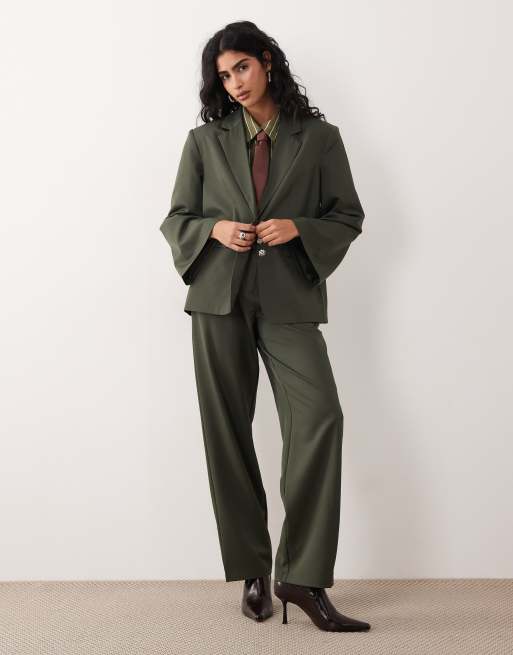 Vila hammered button tailored blazer co-ord in deep khaki, 2 of 4