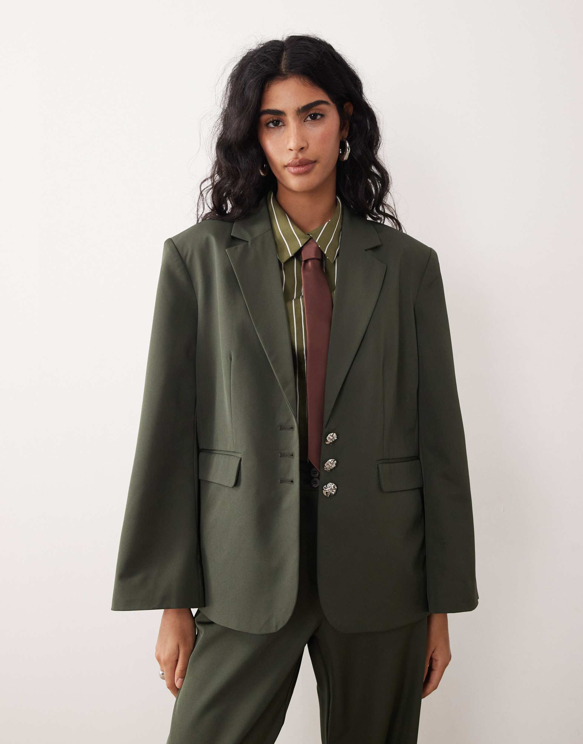 vila hammered button tailored blazer in deep khaki - part of a set