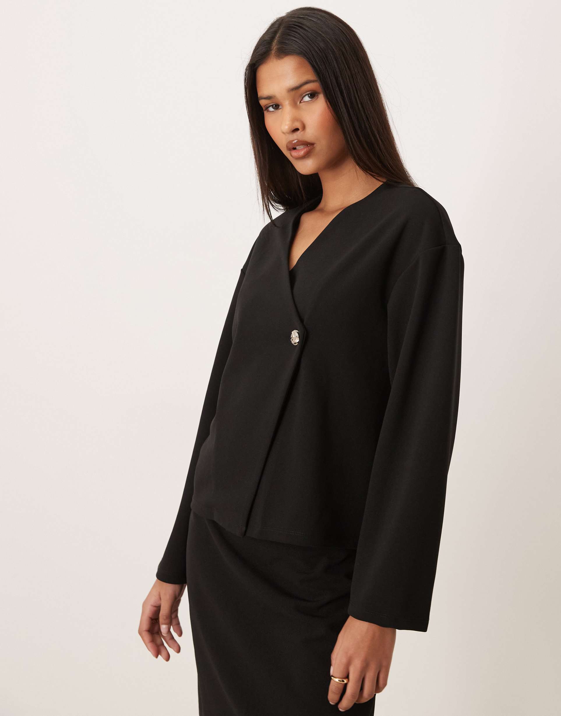 vila hammered button wrap front knit cardigan in black - part of a set