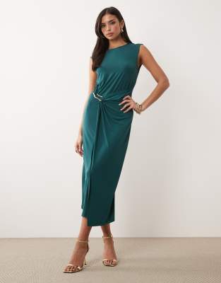 Vila Hammered Gold Waist Cinching Slinky Midi Dress In Green