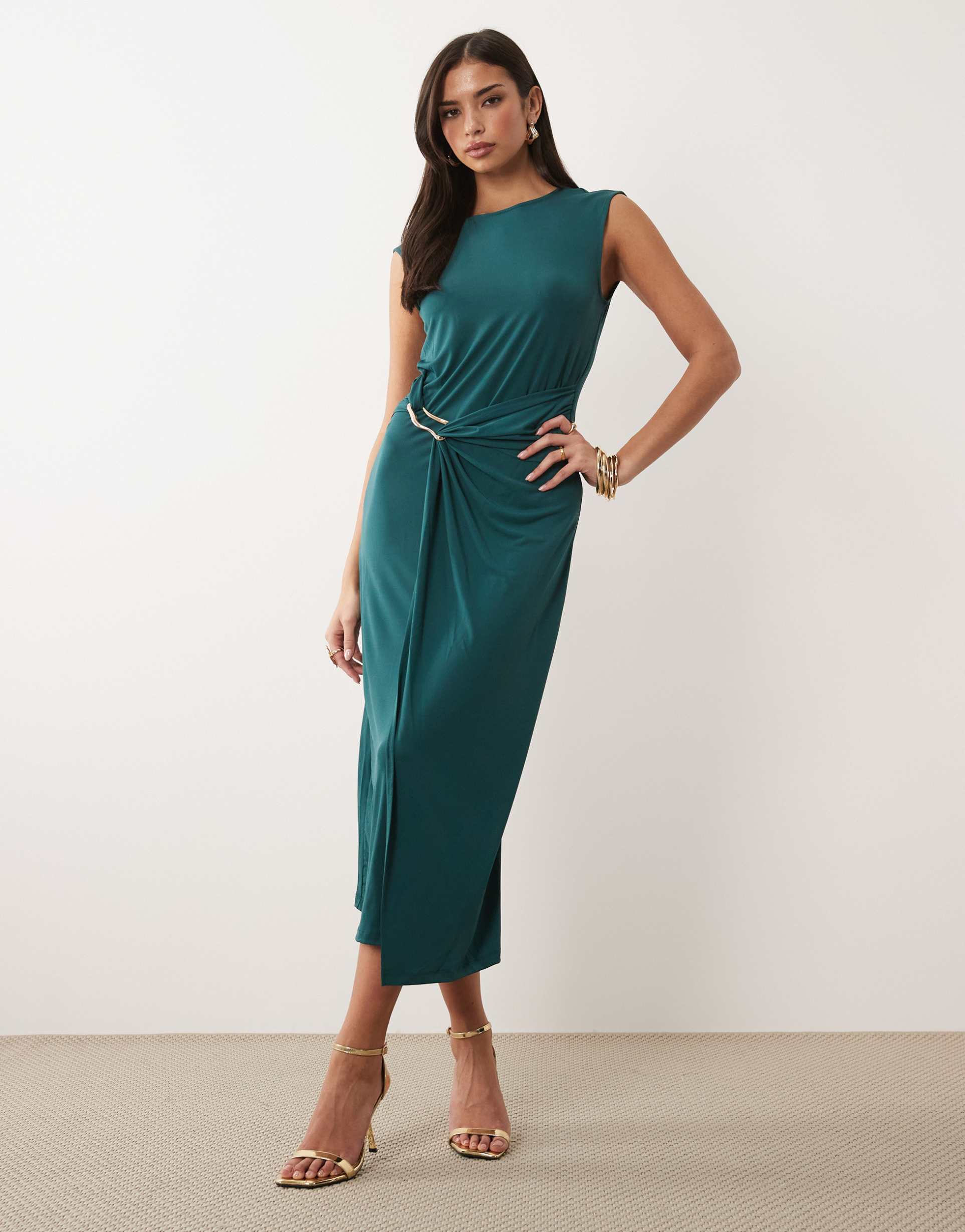 vila hammered gold waist cinching slinky midi dress in deep teal