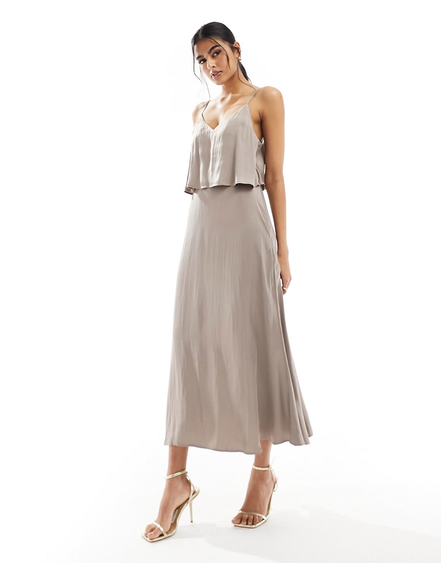Vila Hammered Satin Cami Maxi Dress With Tiered Top In Taupe-brown